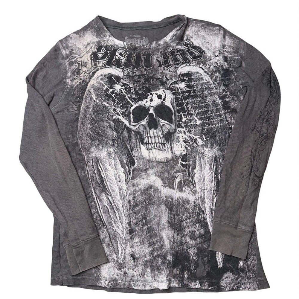 Skin Industries Thermal Long Sleeve Waffle Knit Distressed Y2K Shirt Sz M MMA